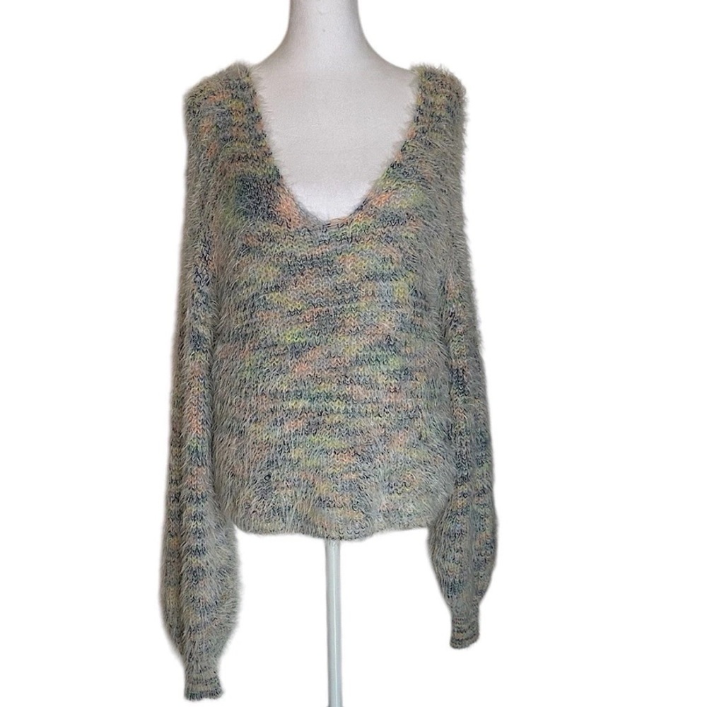 Free People Women’s V-Neck Eyelash Sweater Multicolor Oversized Fuzzy Size XS